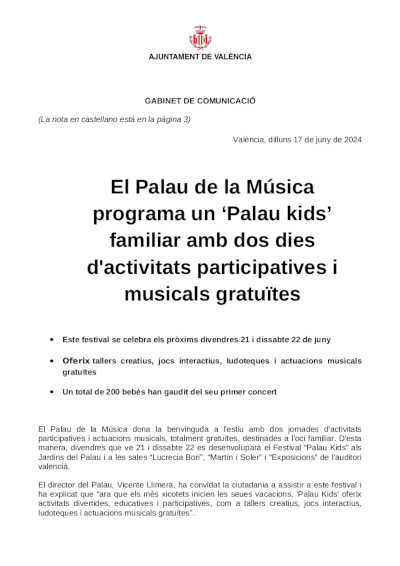 El Palau de la Música programa un «Palau kids» familiar con dos días de actividades participativas y musicales gratuitas