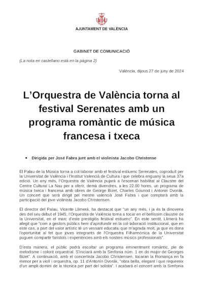 La Orquesta de València vuelve al festival Serenates con un programa romántico de música francesa y Checa La Orquesta de València vuelve al festival Serenates con un programa romántico de música francesa y Checa