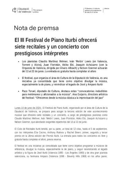 El III Festival de Piano Iturbi ofrecerá siete recitales y un concierto con prestigiosos intérpretes
