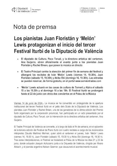 Los pianistas Juan Floristán y «Melón» Lewis protagonizan el inicio del tercer Festival Iturbi de la Diputación de València