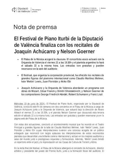 El Festival de Piano Iturbi de la Diputación de València finaliza con los recitales de Joaquín Achúcarro y Nelson Goerner
