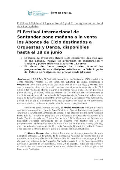 El Festival Internacional de Santander pone a la venta Abonos de Ciclo destinados a Orquestas y Danza