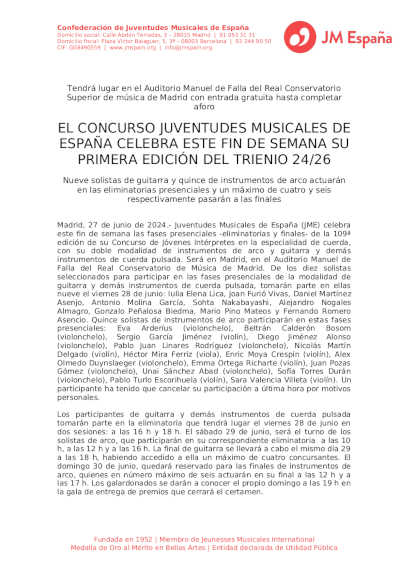 El Concurso Juventudes Musicales de España celebra su primera edición del trienio 24/26