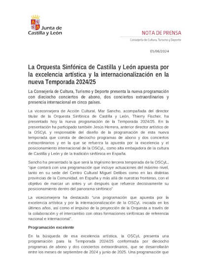 Orquesta Sinfónica de Castilla y León apuesta por excelencia artística e internacionalización en la Temporada 2024/25