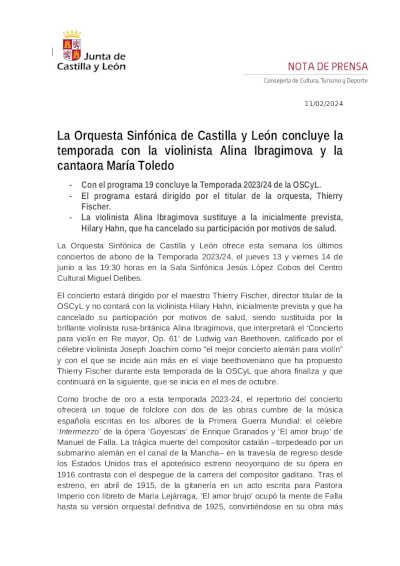 La Orquesta Sinfónica de Castilla y León concluye la temporada con Alina Ibragimova y María Toledo