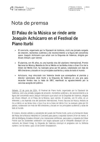 El Palau de la Música se rinde ante Joaquín Achúcarro en el Festival de Piano Iturbi