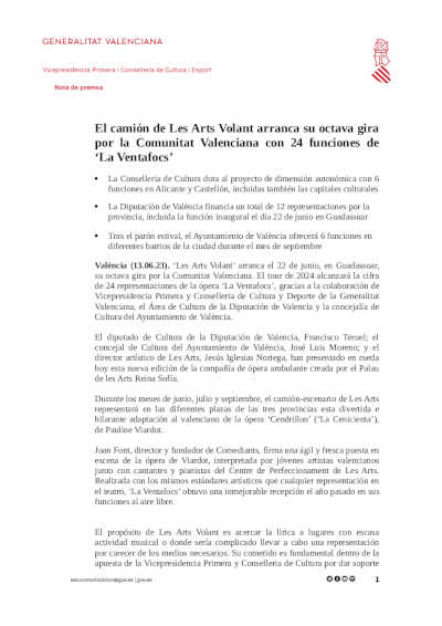 El camión de Les Arts Volant arranca su octava gira por la Comunitat Valenciana con 24 funciones de «La Ventafocs»