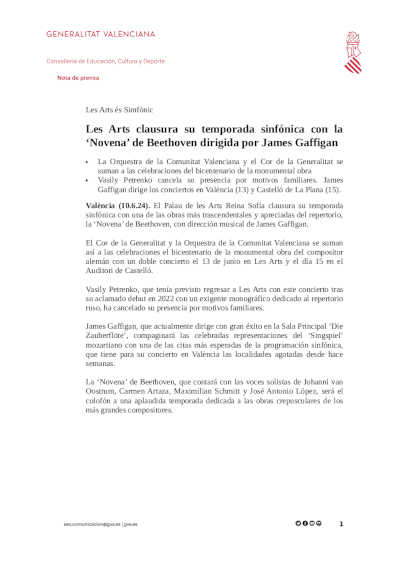 Les Arts clausura su temporada sinfónica con la «Novena» de Beethoven dirigida por James Gaffigan