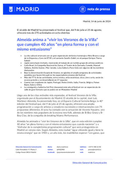 Almeida anima a “vivir los Veranos de la Villa” que cumplen 40 años “en plena forma y con el mismo entusiasmo”