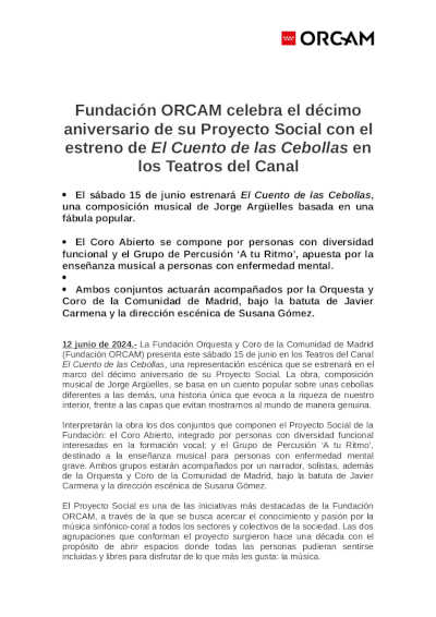 Fundación ORCAM celebra el décimo aniversario de su Proyecto Social con el estreno de El Cuento de las Cebollas