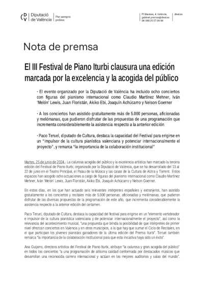 El III Festival de Piano Iturbi clausura una edición marcada por la excelencia y la acogida del público