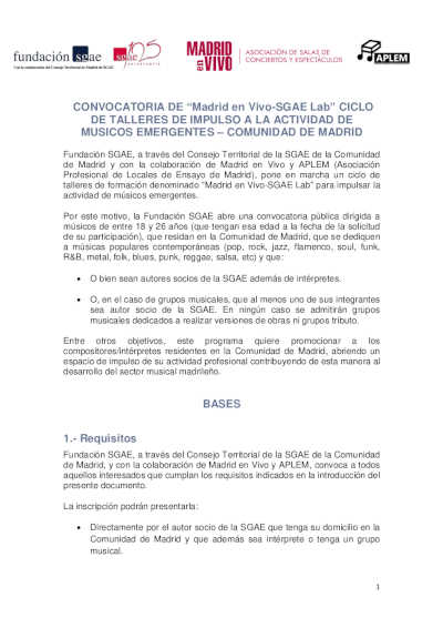 Madrid en Vivo, Fundación SGAE y APLEM convocan la primera edición de Madrid en Vivo-SGAE Lab