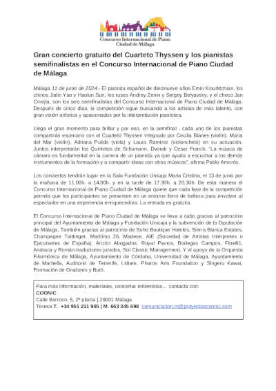 Concierto del Cuarteto Thyssen y los pianistas semifinalistas en el Concurso Internacional de Piano Ciudad de Málaga Concierto del Cuarteto Thyssen y los pianistas semifinalistas en el Concurso Internacional de Piano Ciudad de Málaga