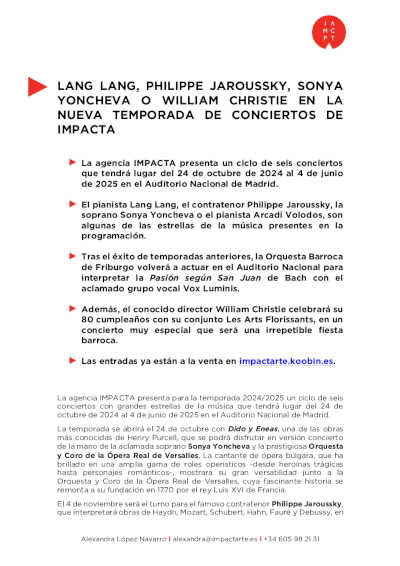 Lang Lang, Philippe Jaroussky, Sonya Yoncheva o William Christie en la nueva temporada de IMPACTA