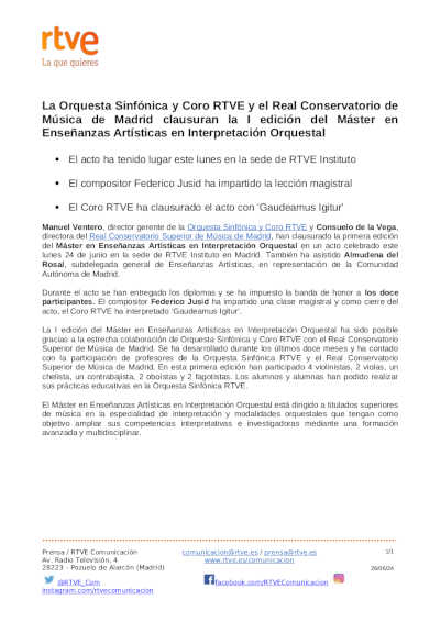 La OCRTVE y el RCSMM clausuran la I edición del Máster en Enseñanzas Artísticas en Interpretación Orquestal