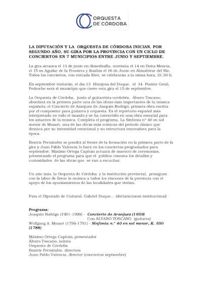 La Diputación y la Orquesta de Córdoba inician por segundo año consecutivo, su gira por la provincia La Diputación y la Orquesta de Córdoba inician por segundo año consecutivo, su gira por la provincia