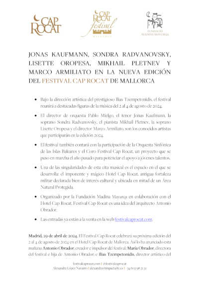 La nueva edición del Festival Cap Rocat presenta a estrellas mundiales de la ópera en las Islas Baleares La nueva edición del Festival Cap Rocat presenta a estrellas mundiales de la ópera en las Islas Baleares