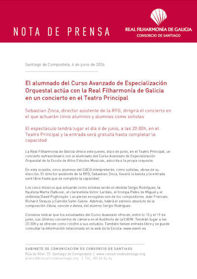 El alumnado del Curso Avanzado de Especialización Orquestal actúa con la Real Filharmonía de Galicia