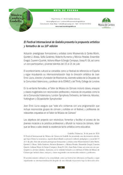 El Festival Internacional de Godella presenta la propuesta artística y formativa de su 16ª edición
