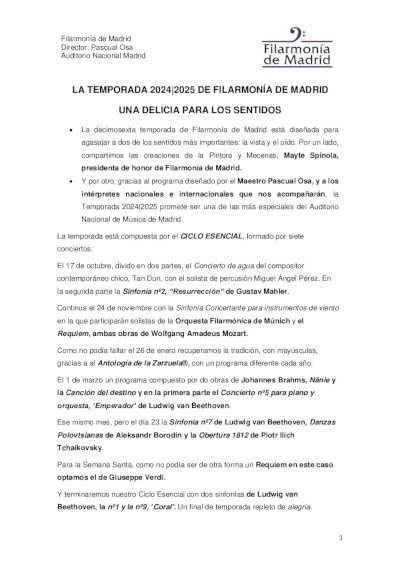Presentada la nueva Temporada 2024-2025 de Filarmonía de Madrid