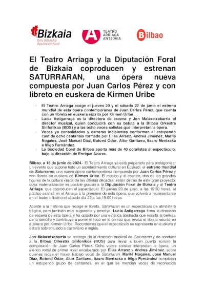 El Teatro Arriaga y la Diputación Foral de Bizkaia coproducen y estrenan Saturraran, una ópera nueva