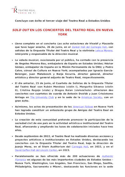 Lleno completo en los conciertos del Teatro Real en Nueva York