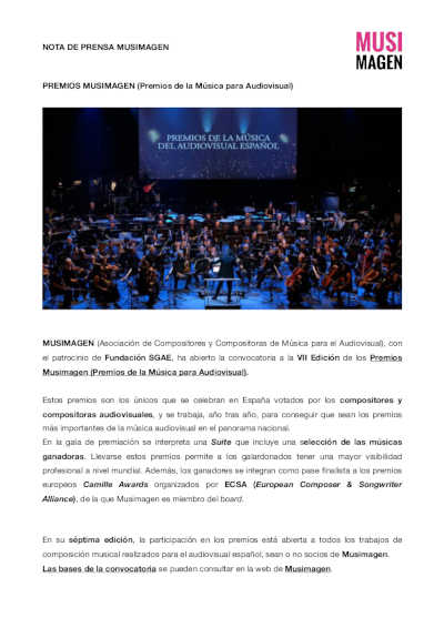 Convocados los VII Premios MUSIMAGEN 2024 – Premios de la Música para Audiovisual