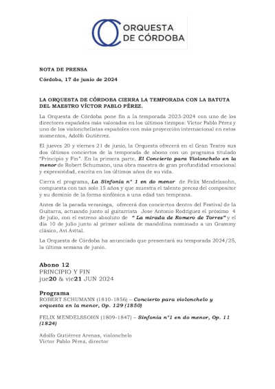 La Orquesta de Córdoba cierra la temporada con dos conciertos dirigidos por el maestro Víctor Pablo Pérez