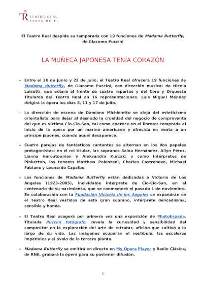 El Teatro Real despide su temporada con 19 funciones de Madama Butterfly, de Giacomo Puccini