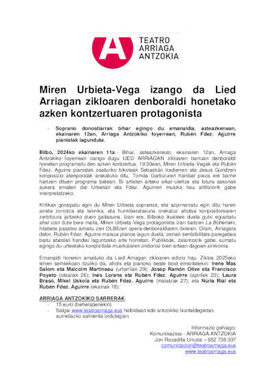 Miren Urbieta-Vega protagoniza el último concierto del ciclo Lied Arriagan en la presente temporada