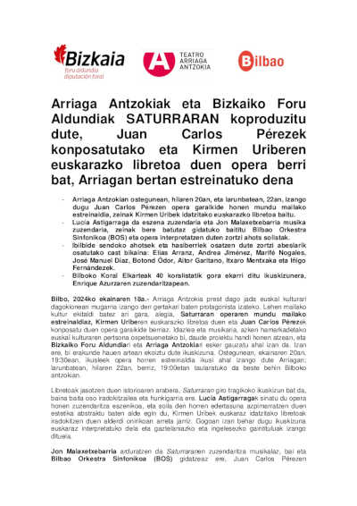 El Teatro Arriaga y la Diputación Foral de Bizkaia coproducen y estrenan Saturraran, una ópera nueva