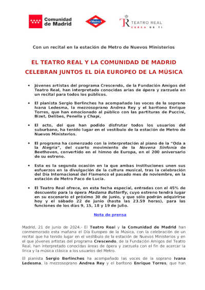 Teatro Real y Comunidad de Madrid celebrean juntos el Día Europeo de la Música