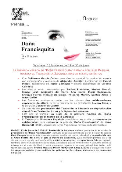 La premiada versión de «Doña Francisquita» de Lluís Pasqual regresa al Teatro de la Zarzuela