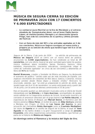 Música en Segura cierra su edición Primavera 2024 con 17 conciertos y 6.000 espectadores