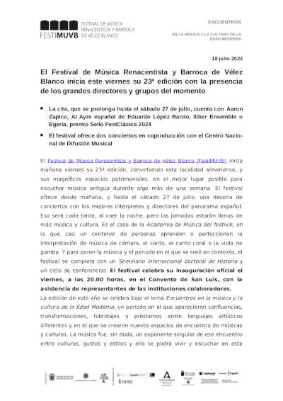 El Festival de Música Renacentista y Barroca de Vélez Blanco inicia este viernes su 23ª edición