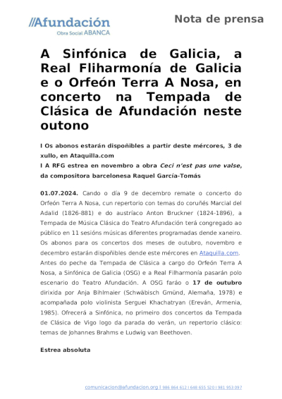 La Sinfónica de Galicia y el Orfeón Terra A Nosa, en concierto en la Temporada de Clásica de Afundación en este otoño