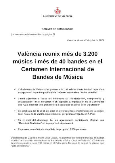 València reúne a más de 3.200 músicos y más de 40 bandas en el Certamen Internacional de Bandas de Música