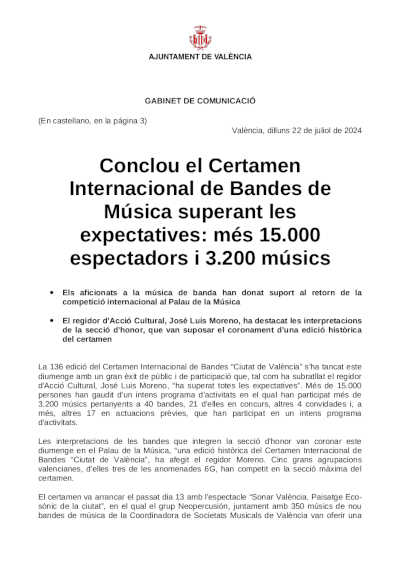 Concluye el 136º Certamen Internacional de Bandas de Música superando las expectativas
