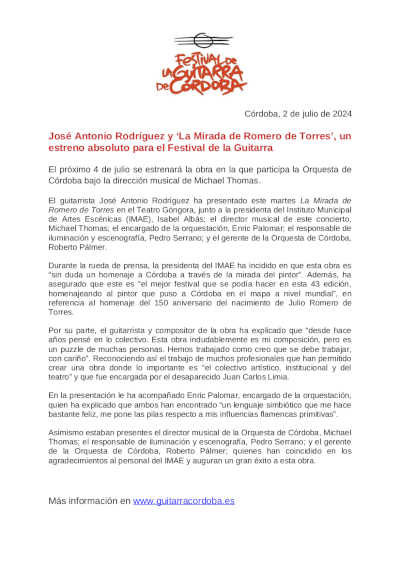José Antonio Rodríguez y «La Mirada de Romero de Torres», un estreno absoluto para el Festival de la Guitarra