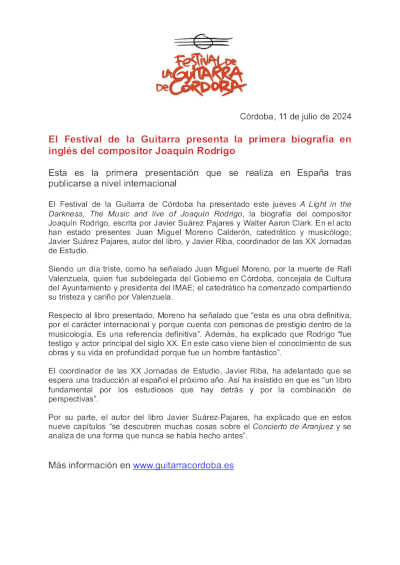 El Festival de la Guitarra presenta la primera biografía en inglés del compositor Joaquín Rodrigo