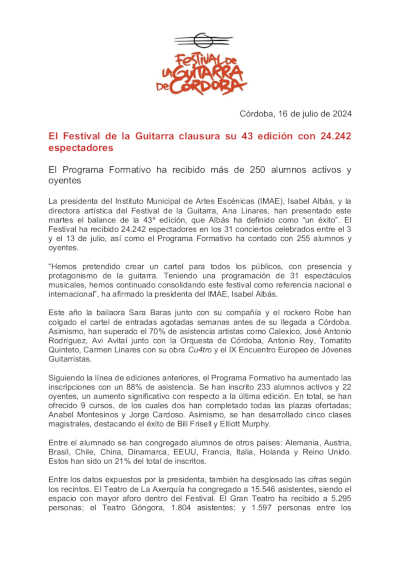 El Festival de la Guitarra clausura su 43 edición con 24.242 espectadores