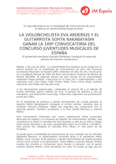 Eva Arderíus y Sohta Nakabayashi ganan la 109º convocatoria del Concurso Juventudes Musicales de España