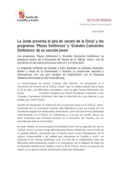 La Junta presenta la gira de verano de la Oscyl y los programas «Plazas Sinfónicas» y «Grandes Conciertos Sinfónicos» La Junta presenta la gira de verano de la Oscyl y los programas «Plazas Sinfónicas» y «Grandes Conciertos Sinfónicos»