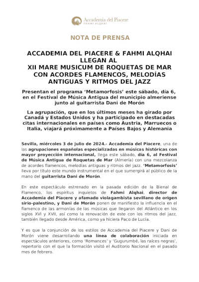 Accademia del Piacere & Fahmi Alquhai llegan al XII Mare Musicum de Roquetas de Mar