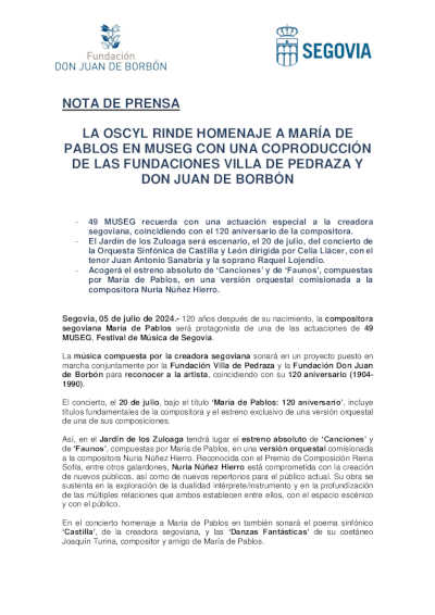 La OSCyL rinde homenaje a María de Pablos con las fundaciones Villa de Pedraza y Don Juan de Borbón