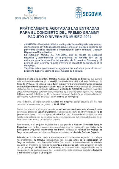 Prácticamente agotadas las entradas al concierto de Paquito D’Rivera en MUSEG 2024
