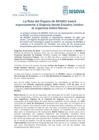 La Ruta del Órgano de MUSEG traerá expresamente a Segovia desde Estados Unidos al organista Kálint Barosi