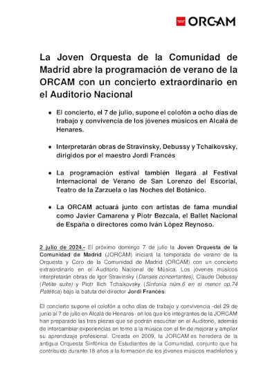 La Joven Orquesta de la Comunidad de Madrid abre la programación de verano de la ORCAM