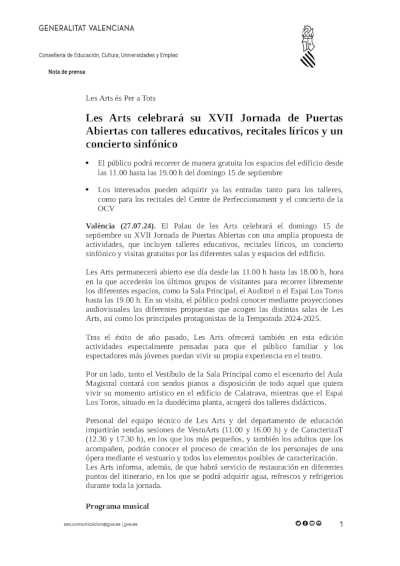 Les Arts celebrará su XVII Jornada de Puertas Abiertas con talleres educativos, recitales líricos y un concierto sinfónico