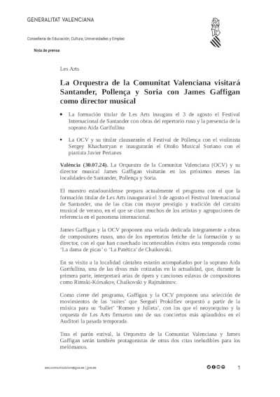 La Orquestra de la Comunitat Valenciana visitará Santander, Pollença y Soria con James Gaffigan como director musical